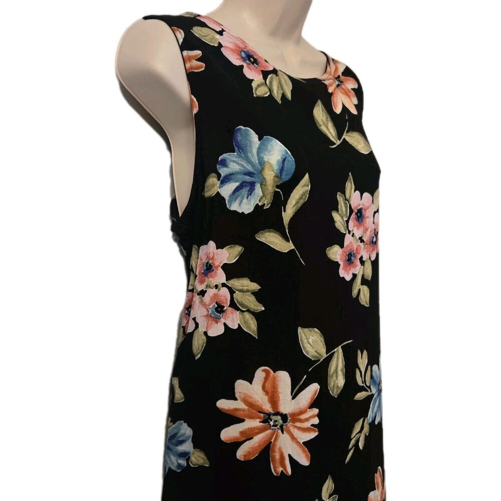 TRUE VINTAGE Dressing Clio Tropical Floral Black Maxi Dress L Sleeveless Modest